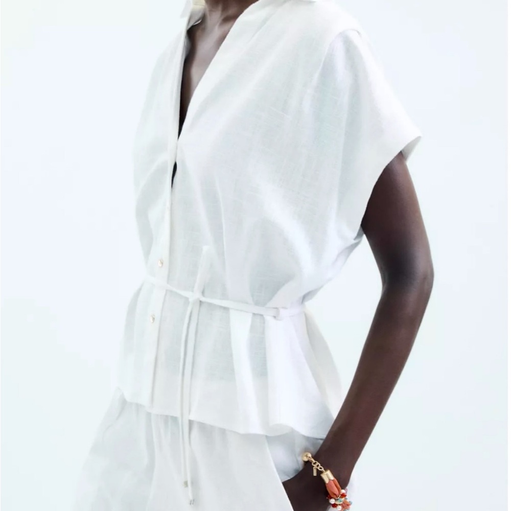 Zara White Belted Linen Blouse